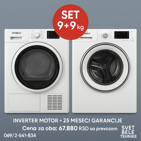 Novo, akcijska cena za EXTRA NEZAVISNI SET - " Whirlpool", masina za pranje vesa + masina za susenje vesa, po 9 kg kapaciteta, Inverter motorima i garancijom od 25 meseci i uracunatim prevozom