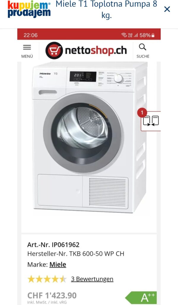 "Miele -T1", polovna masina za susenje vesa, Toplotna Pumpa , 8 kg, LED, sace, garancija 6 meseci, moguc prevoz - Slika 13
